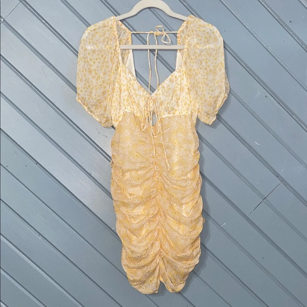 Free People Tessa Ruched Yellow Gold Floral Mini Dress - Picture 2 of 12